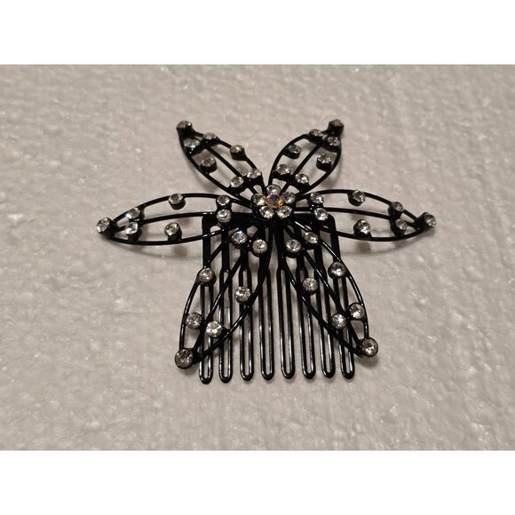 Black Rhinestone Flower Hair Comb Clip Elegant Accessory - Picture 1 of 3